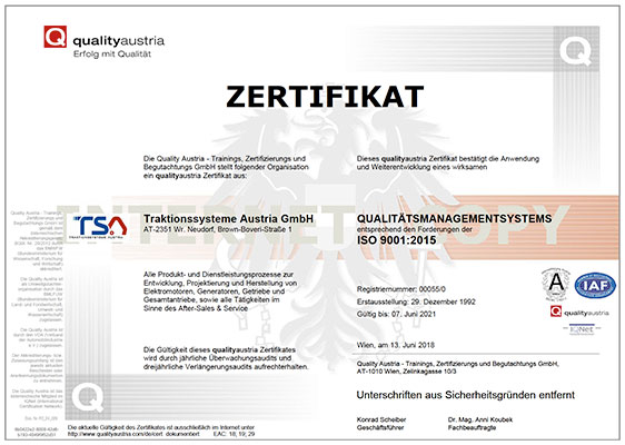 Quality Management System ISO 9001 certificate TSA cover