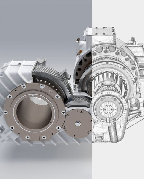 Rendering of a traction drive. Half rendering, half drawing.