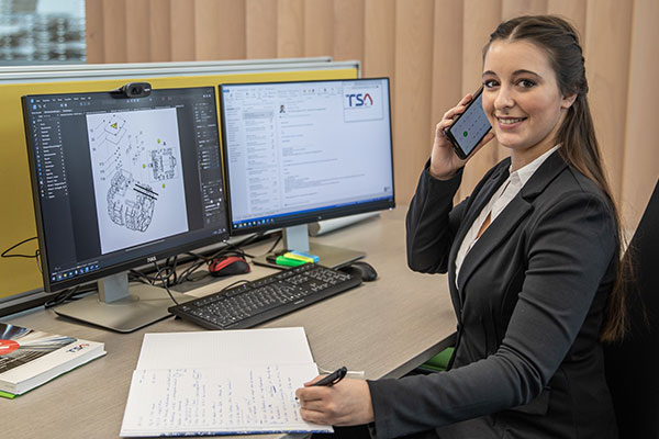 TSA office employee in front of computer and cell phone in hand looking at camera