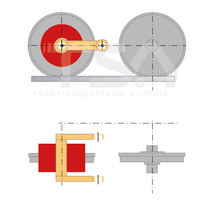 Graphical illustration of a transverse, single-wheel, nose-suspended drive system