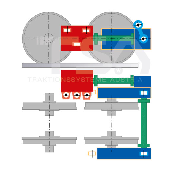 Graphical illustration of a longitudinal, single-wheel, partly suspended drive system GKD 4/1